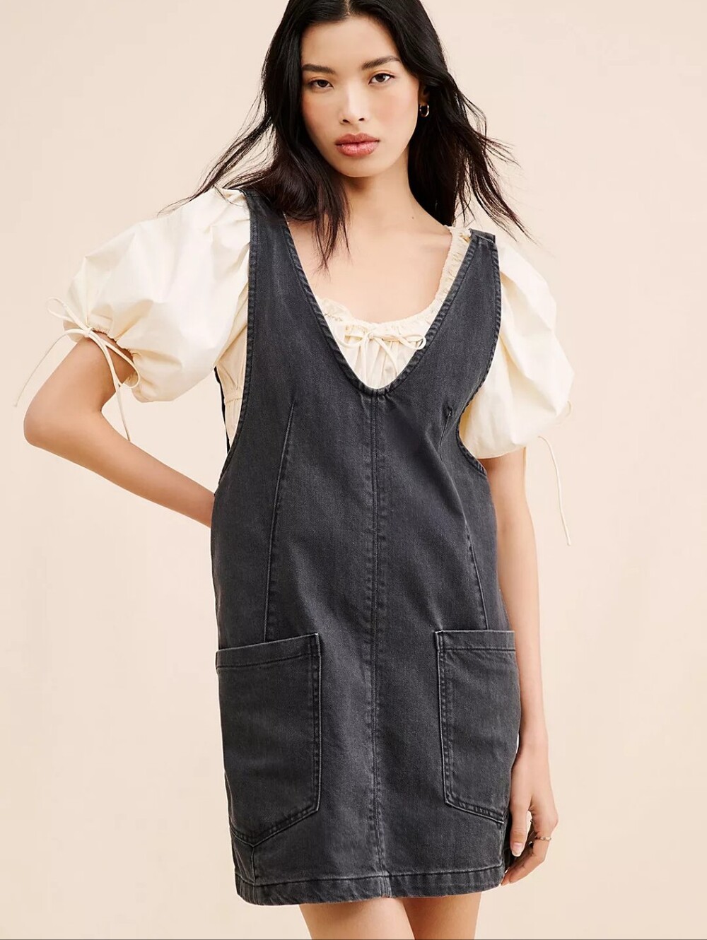 We The Free Washed Black Denim Mini Overall Dress - Picture 12 of 13